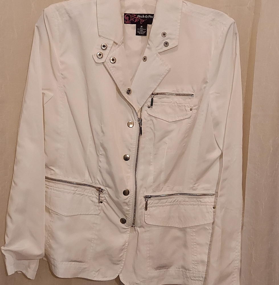 Peck & Peck white polyester jacket sz M zippers
